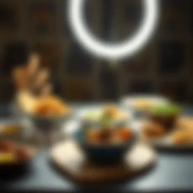 Gourmet Dishes Under Ring Light Artistic arrangement of gourmet dishes illuminated by a ring light