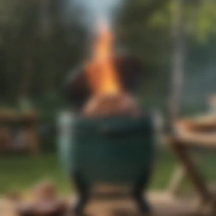 A Big Green Egg grill with smoke rising from a ham