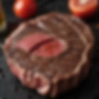 Thermometer in rib eye steak showing ideal temperature