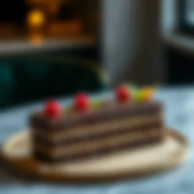 Elegant presentation of chocolate cake with garnishes