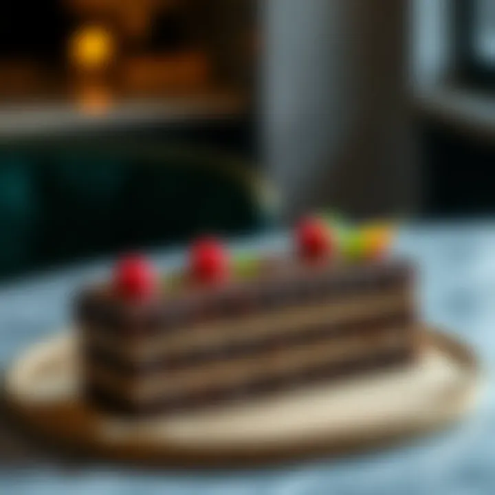 Elegant presentation of chocolate cake with garnishes