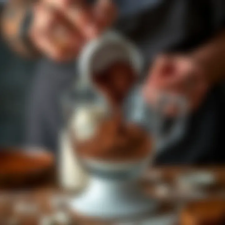 Sifting cocoa powder and flour for a smooth blend