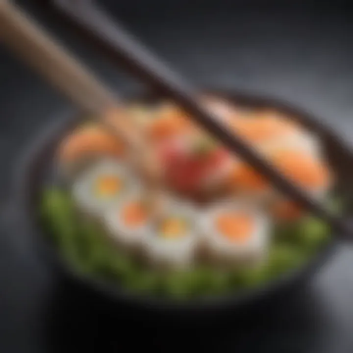 A close-up of chopsticks grasping sushi, showcasing proper technique