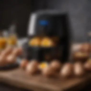Air fryer loaded with eggs ready for boiling Air fryer with eggs inside