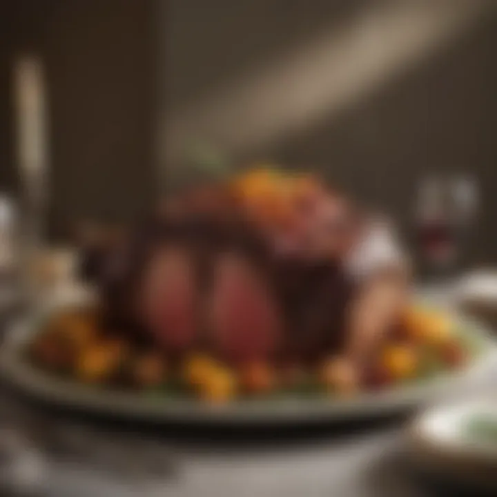 A table elegantly set with a standing rib roast as the centerpiece