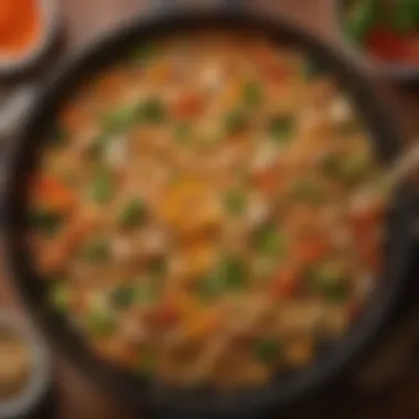 Sizzling Fried Rice in Action An overhead view of a wok sizzling with fried rice and colorful vegetables, capturing the essence of flavor.
