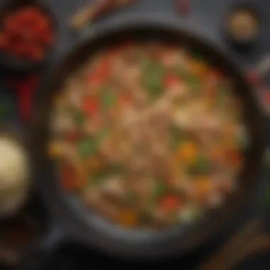Aromatic Ingredients in a Wok A seasoned wok with aromatic ingredients ready for frying, highlighting texture and freshness.