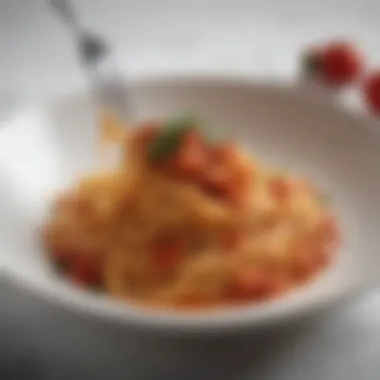Elegant Spaghetti Presentation An elegant presentation of spaghetti twirled on a fork, showcasing the rich texture and inviting color of the dish.