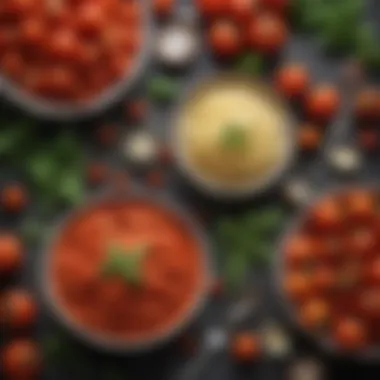 An assortment of fresh ingredients including ripe tomatoes, garlic, and herbs, essential for crafting an exquisite tomato sauce.