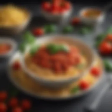 Vibrant Spaghetti Bowl with Tomato Sauce A vibrant bowl of spaghetti adorned with lush tomato sauce and fresh basil, highlighting the perfect balance of flavor.