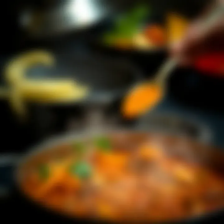 Artistic Cooking of Thai Red Curry An artistic portrayal of the cooking process of Thai red curry