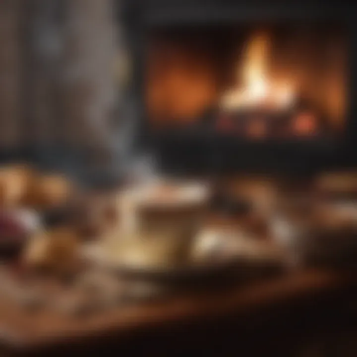 A cozy setting featuring a steaming cup of hot tottie by a warm fireplace