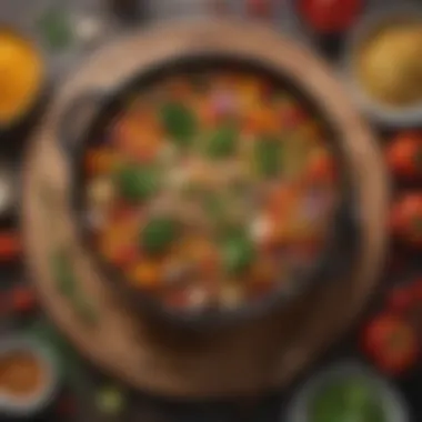 A vibrant array of vegetables and grains combined in a striking one-pot dish