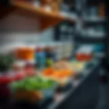 Efficient Meal Prep Station A well-organized meal prep station with fresh ingredients and containers