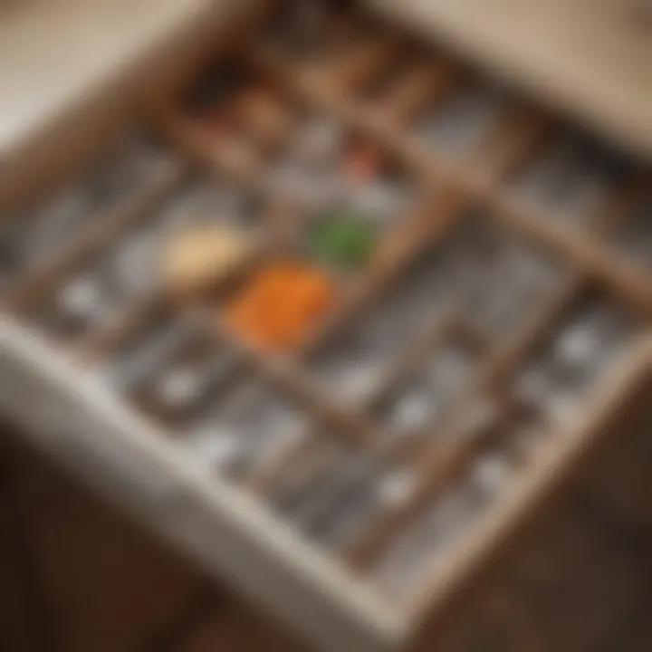 A neatly organized kitchen drawer featuring an adjustable flatware organizer