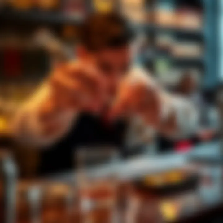 A bartender selecting a muddler from an organized bar kit