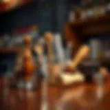 A variety of muddlers displayed on a wooden bar surface