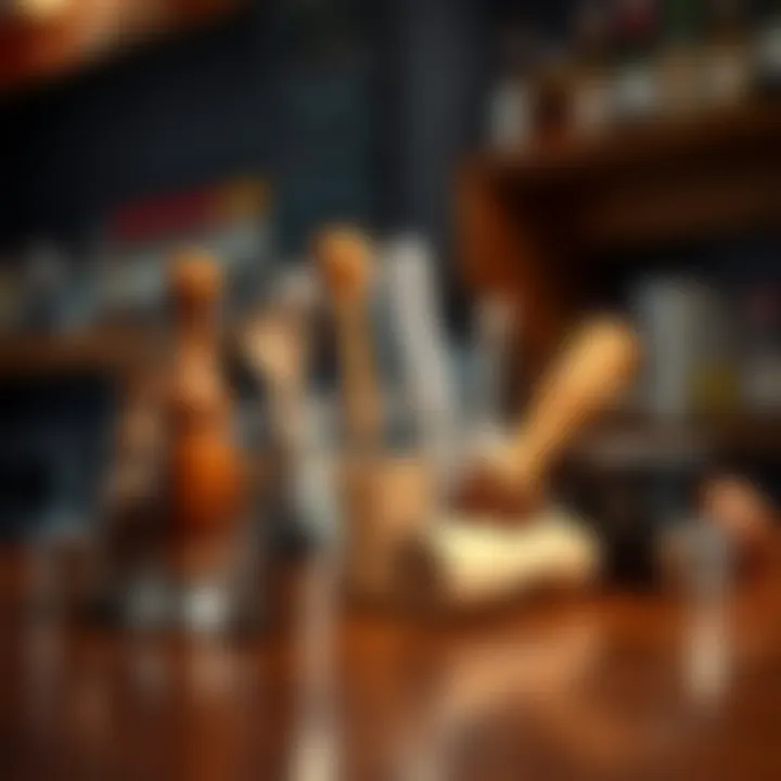 A variety of muddlers displayed on a wooden bar surface