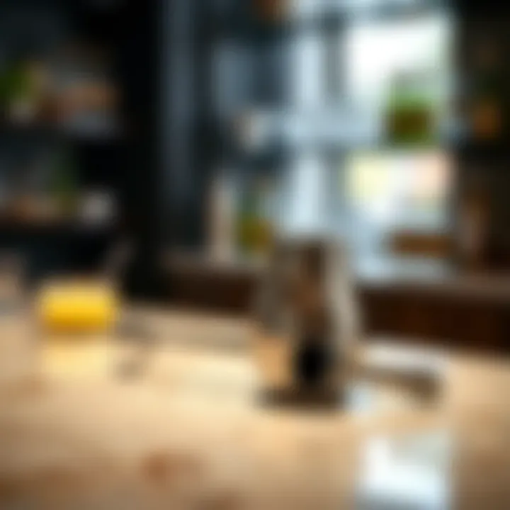 Close-up of a stainless steel muddler resting on a marble countertop