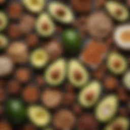 Colorful assortment of keto-friendly foods including avocados and nuts