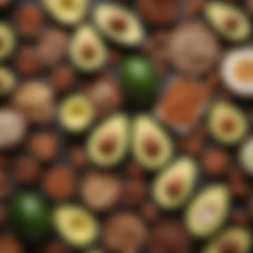 Colorful assortment of keto-friendly foods including avocados and nuts