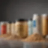 A variety of whey protein powder containers showcasing different brands and types