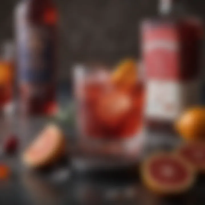 A close-up of the vibrant ingredients used in a Negroni: gin, vermouth, and Campari