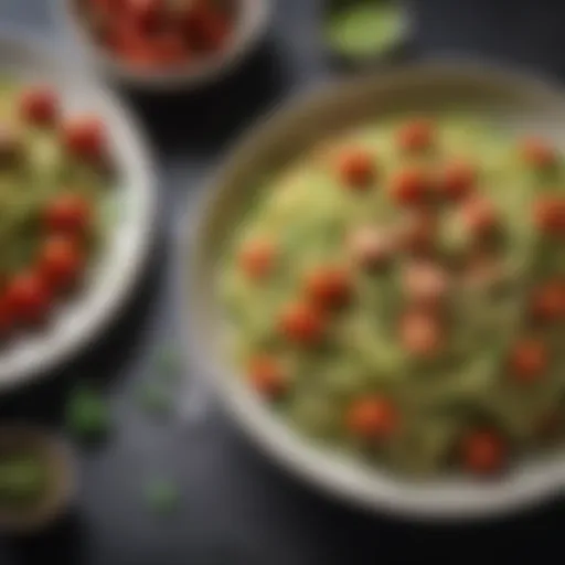 A vibrant plate of zucchini noodles topped with fresh pesto and cherry tomatoes