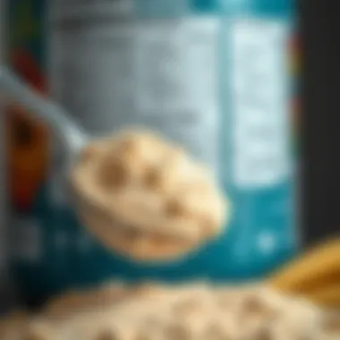 Nutritional Insights of Protein Powders Close-up of a protein powder scoop with nutritional facts in the background.