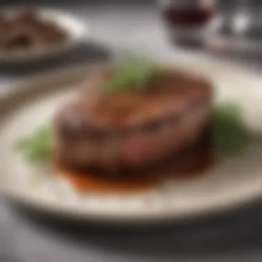 Elegant Rib Eye Steak Presentation An elegant presentation of rib eye steak garnished with herbs.