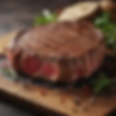 A close-up of a seasoned rib eye steak with various spices.