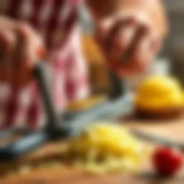 Close-up view of the peeler in action, showcasing its sharp blade and peeling efficiency