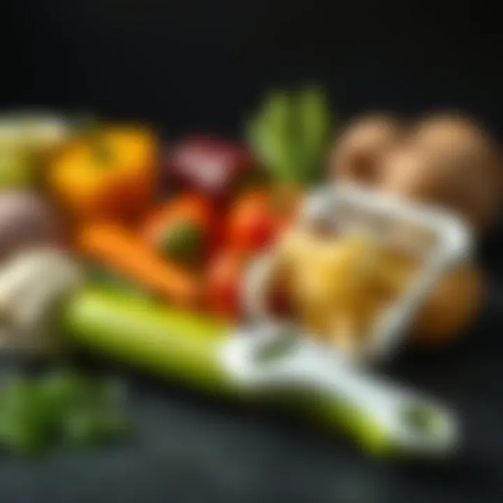 An arrangement of various vegetables alongside the Oxo Good Grips potato peeler, illustrating versatility