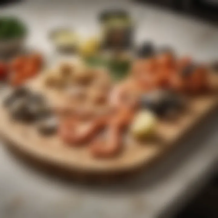 Sophisticated Oxo cutting board with fresh seafood.