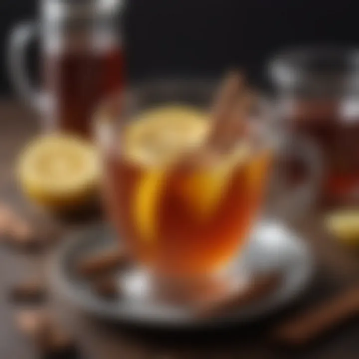 A steaming cup of hot toddy garnished with a lemon slice and cinnamon stick