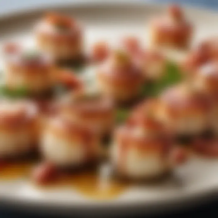 An elegant platter showcasing bacon wrapped scallops garnished with herbs