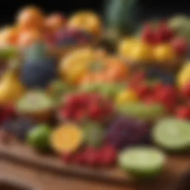 An assortment of fresh fruits arranged aesthetically on a wooden table