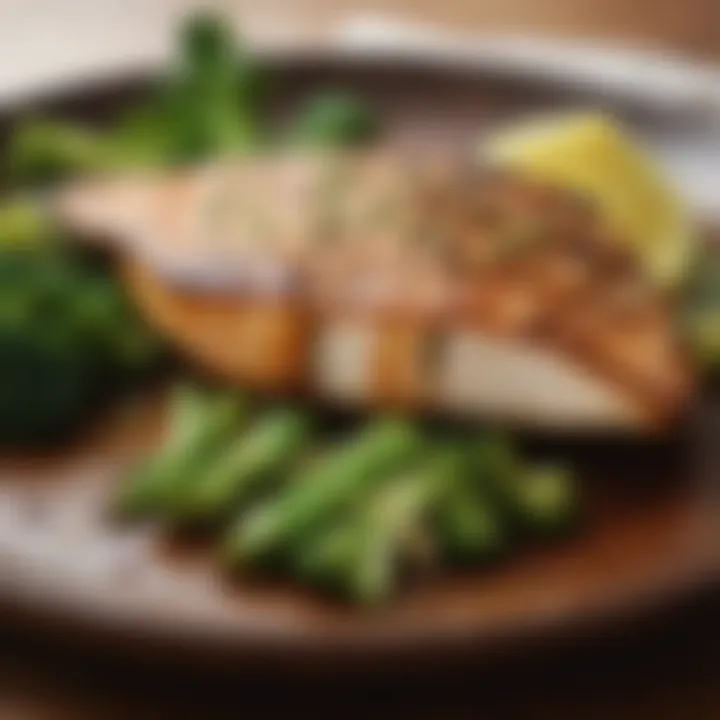 A beautifully plated dish featuring grilled fish with steamed broccoli