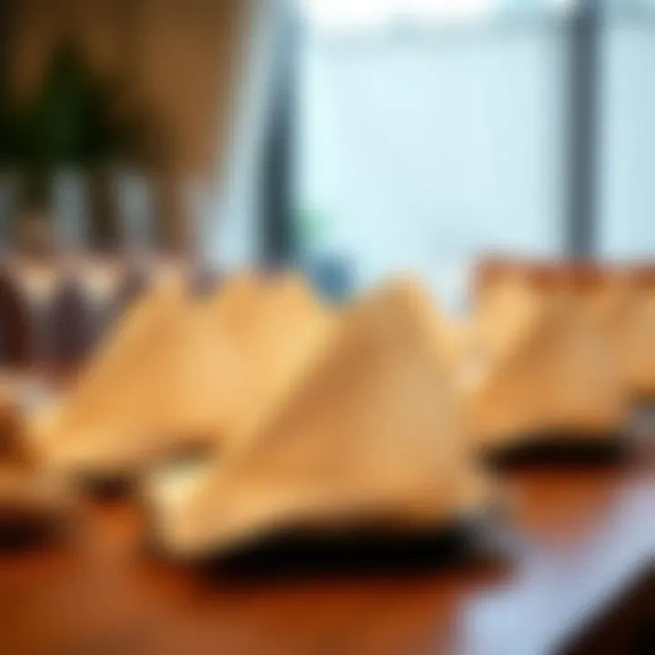Elegant Display of Pre-Folded Napkins Elegant display of pre-folded paper napkins on a dining table.