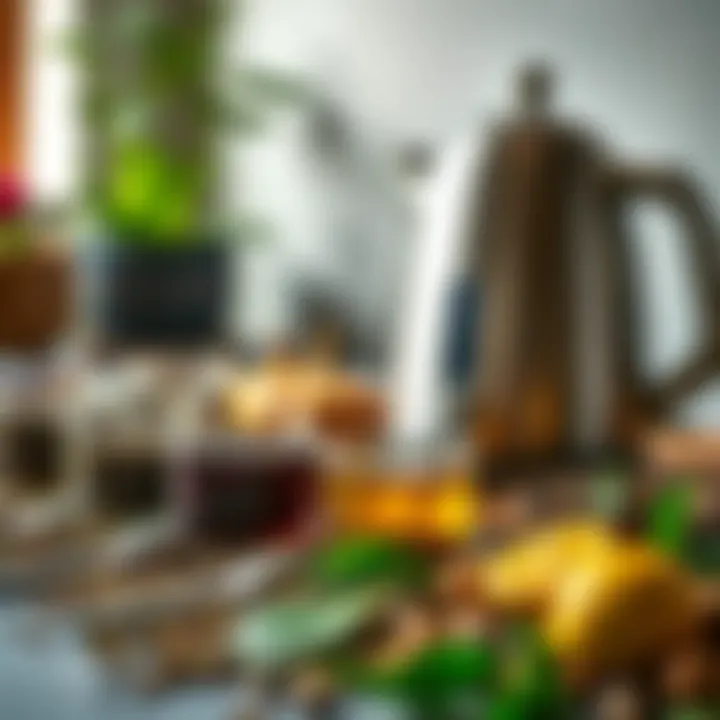 Variety of loose leaf teas next to a kettle