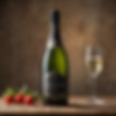 Close-up of a Prosecco bottle with elegant branding against a rustic backdrop.