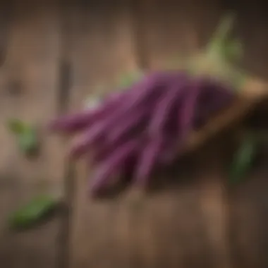 A close-up view of vibrant purple snap peas on a rustic wooden table