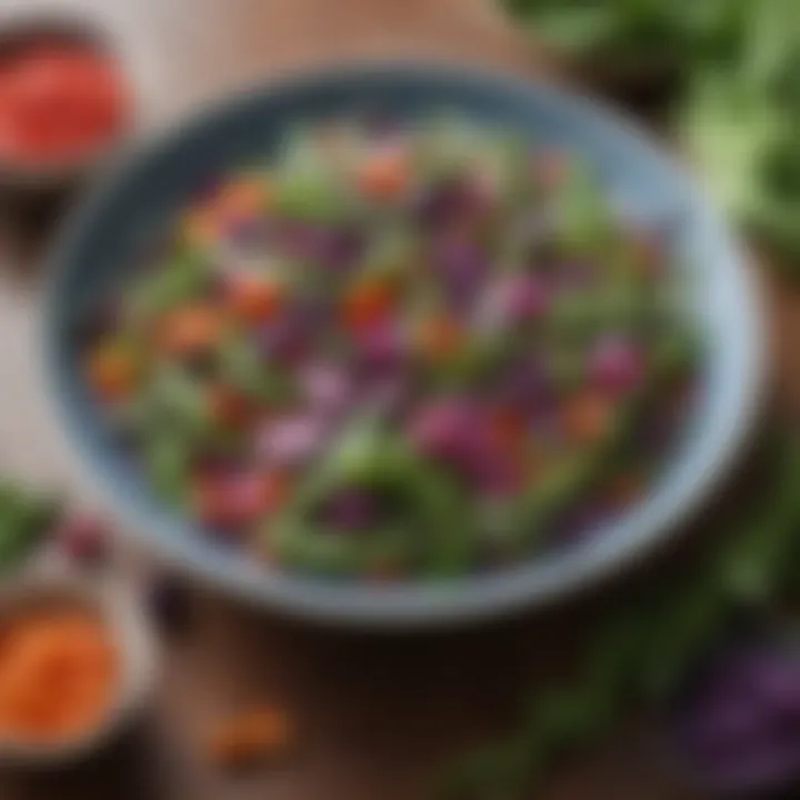 A colorful dish featuring purple snap peas alongside other fresh vegetables