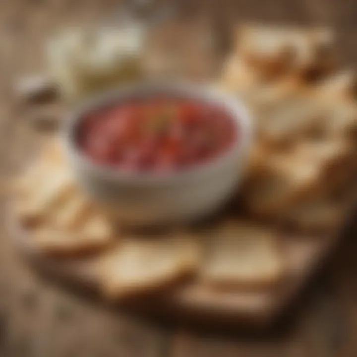 A vibrant spread of gourmet dips with artisan bread and crackers on a rustic wooden board