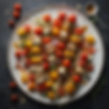 Marinated Vegetable Skewers Presentation Elegant skewers of marinated vegetables and cherry tomatoes served on a decorative plate