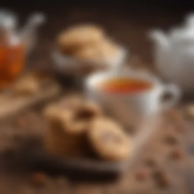 Granola cookies displayed on a rustic wooden table along with a cup of tea.