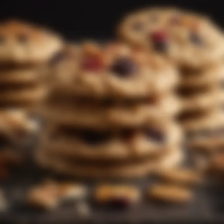 A close-up of freshly baked granola cookies adorned with nuts and dried fruits.