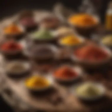 Spices and Grains Display A rustic wooden table set with an array of colorful spices and grains