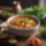 A beautifully arranged bowl of vibrant vegetable soup with herbs