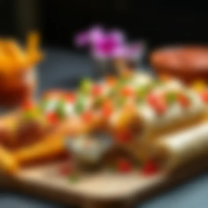 An artistic arrangement of freshly made rollitos with colorful garnishes